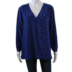 Nieves Lavi Womens Silk Stars Bird Print V Neck Blouse Black Blue Size Medium